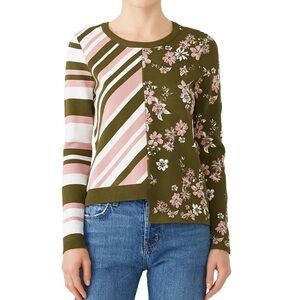 Milly Floral Twilight Striped Pull Over Crewneck Asymmetrical Green Pink Sweater
